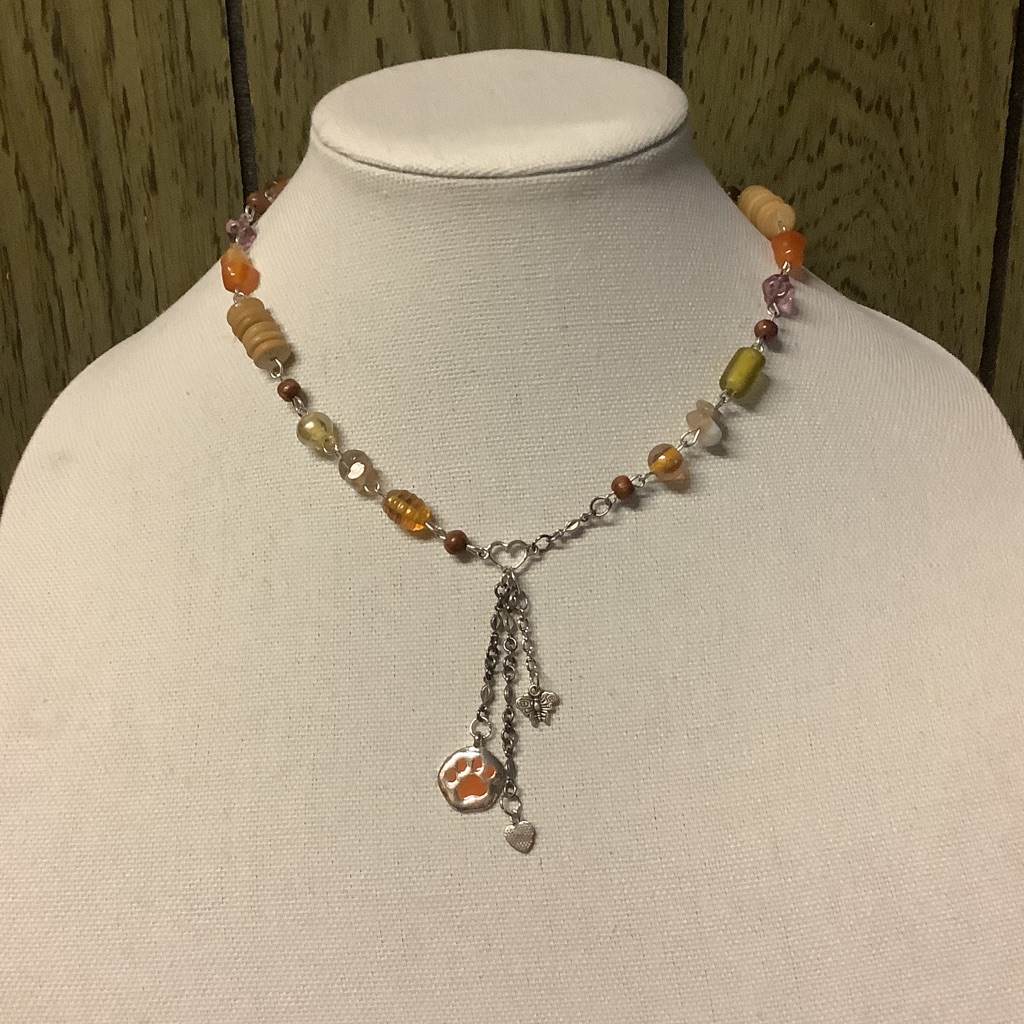 Handmade Orange Earth Tone Cat Paw Charm Heart Necklace 18” Adjustable